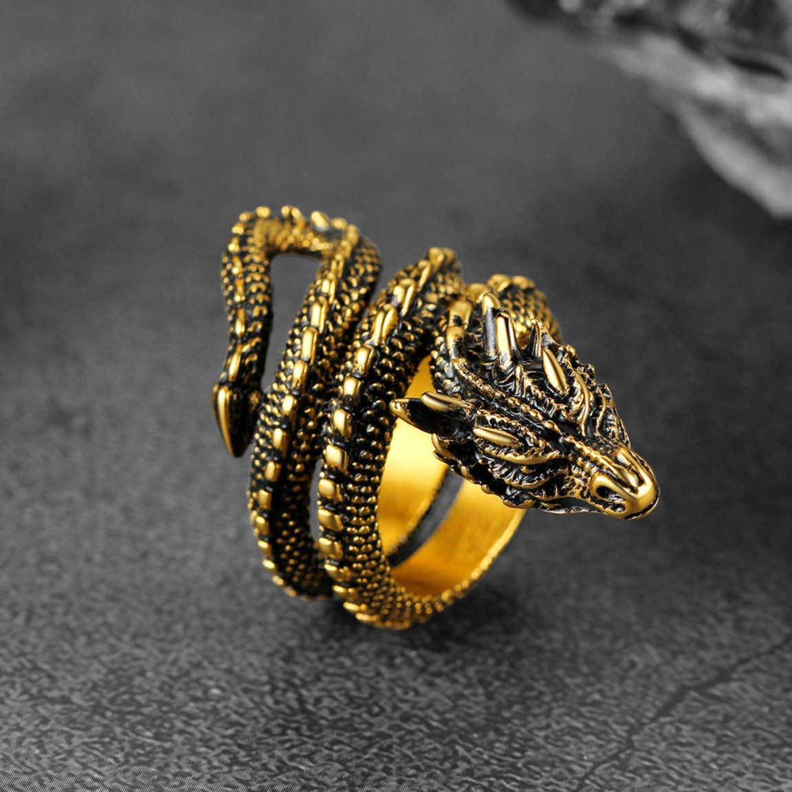 FaithHeart Punk Coiled Dragon Ring For Men Stainless Steel FaithHeart