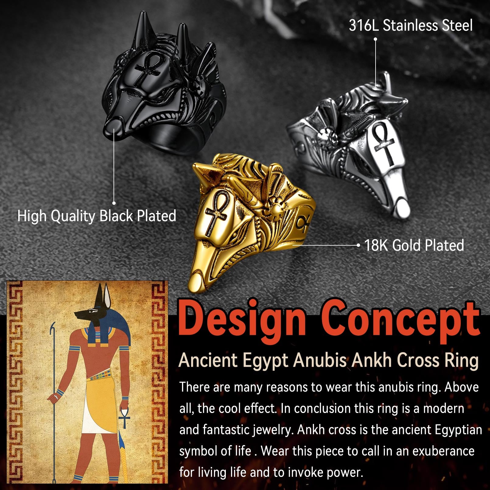 Ancient Egyptian Anubis Ring With Ankh Cross For Men