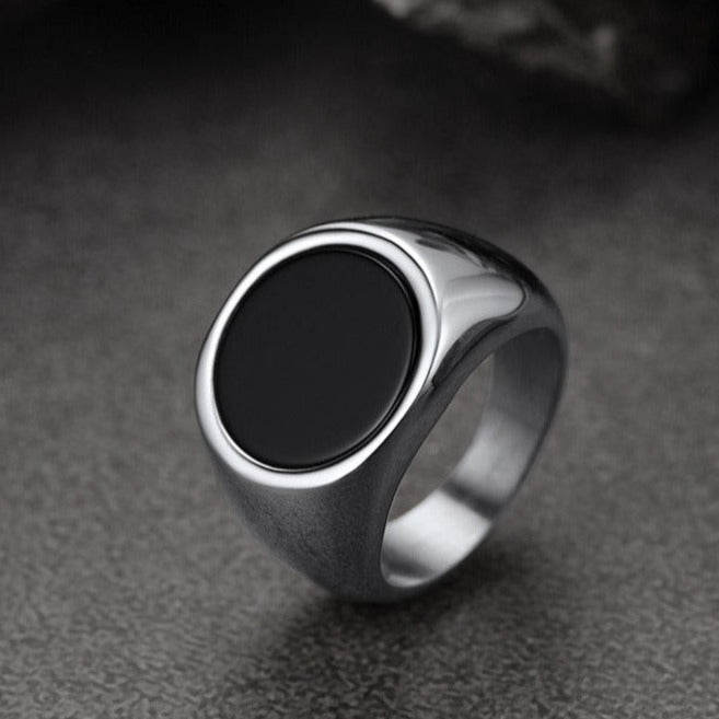 Men's Round Black Onyx Signet Ring in Stainless Steel