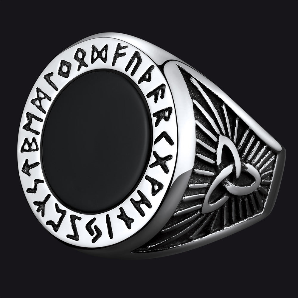 FaithHeart Viking Rune Ring Round Black Onyx Stone Rings FaithHeart