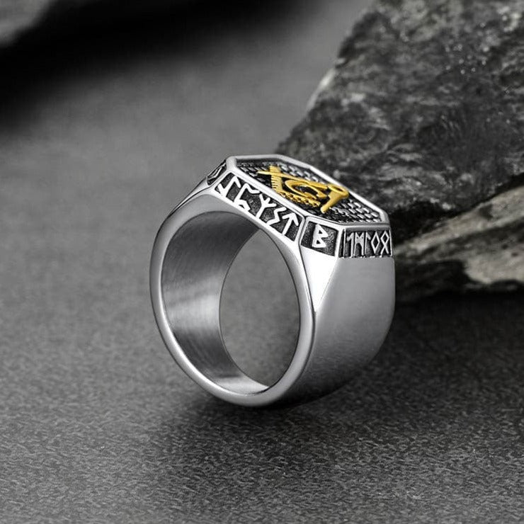 FaithHeart Viking Runes Square Signet Ring for Men Freemason Masonic Rings FaithHeart