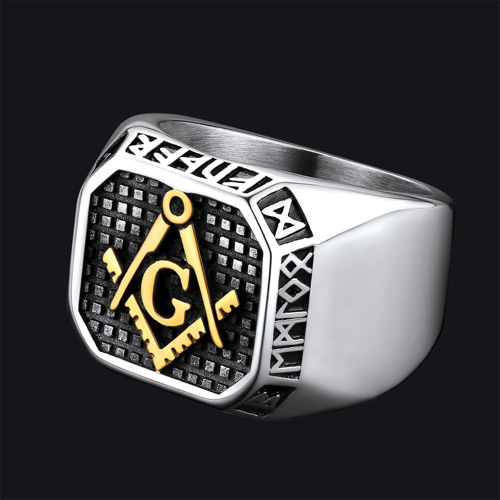 FaithHeart Viking Runes Square Signet Ring for Men Freemason Masonic Rings FaithHeart
