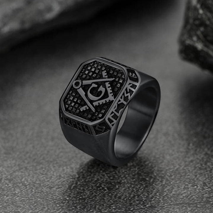 FaithHeart Viking Runes Square Signet Ring for Men Freemason Masonic Rings FaithHeart