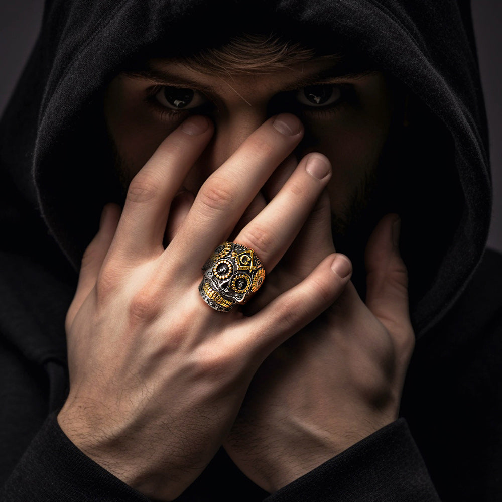Punk Masonic Sugar Skull Ring for Men from FaithHeart Jewelry