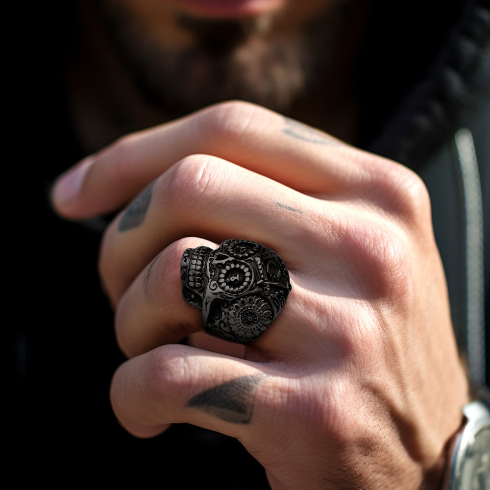 Black stainless steel Masonic sugar skull ring for men