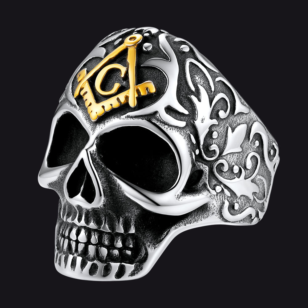 FaithHeart Masonic Skull Signet Ring Stainless Steel Biker Ring FaithHeart