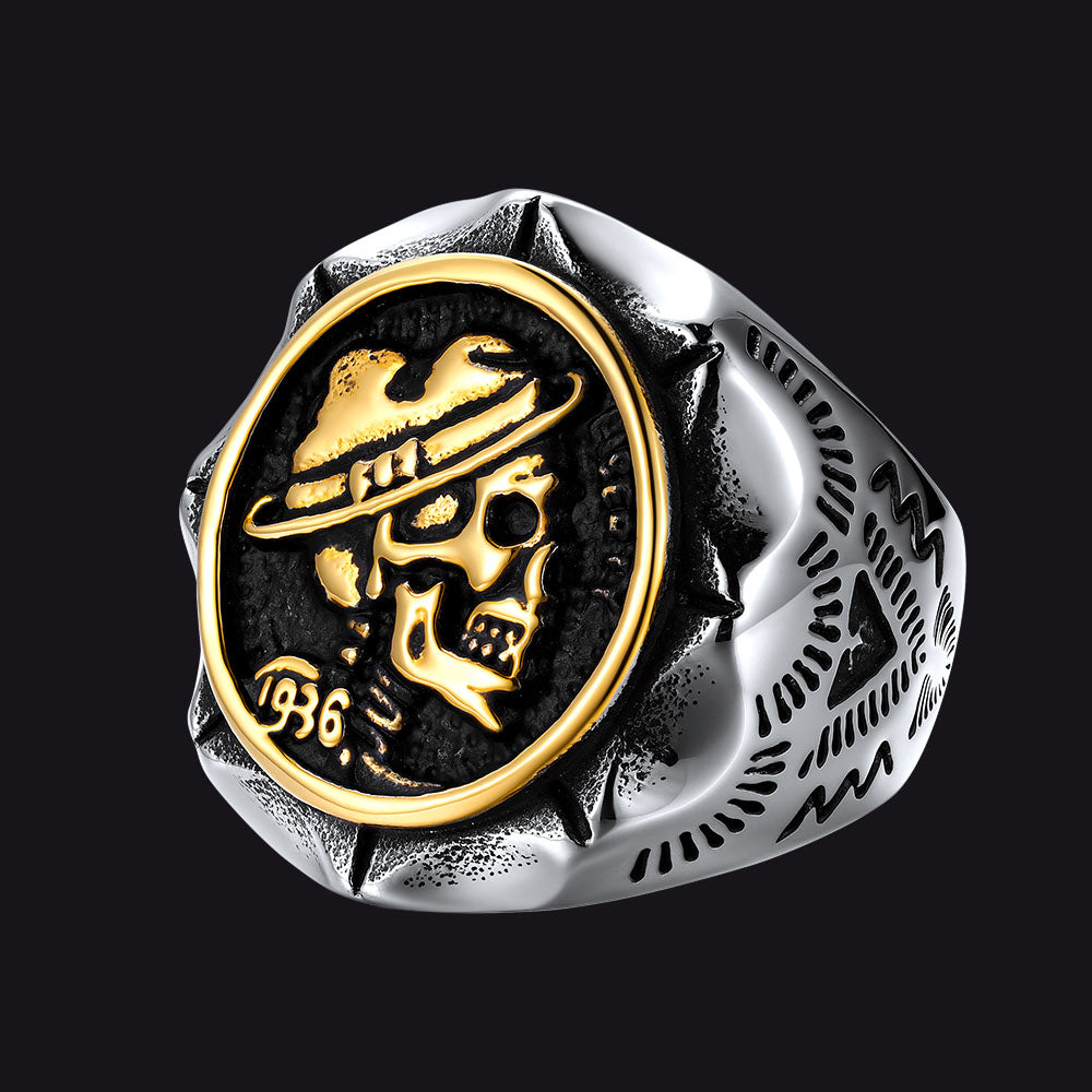 halloween gothic cowboy hat skull ring for men stainless steel