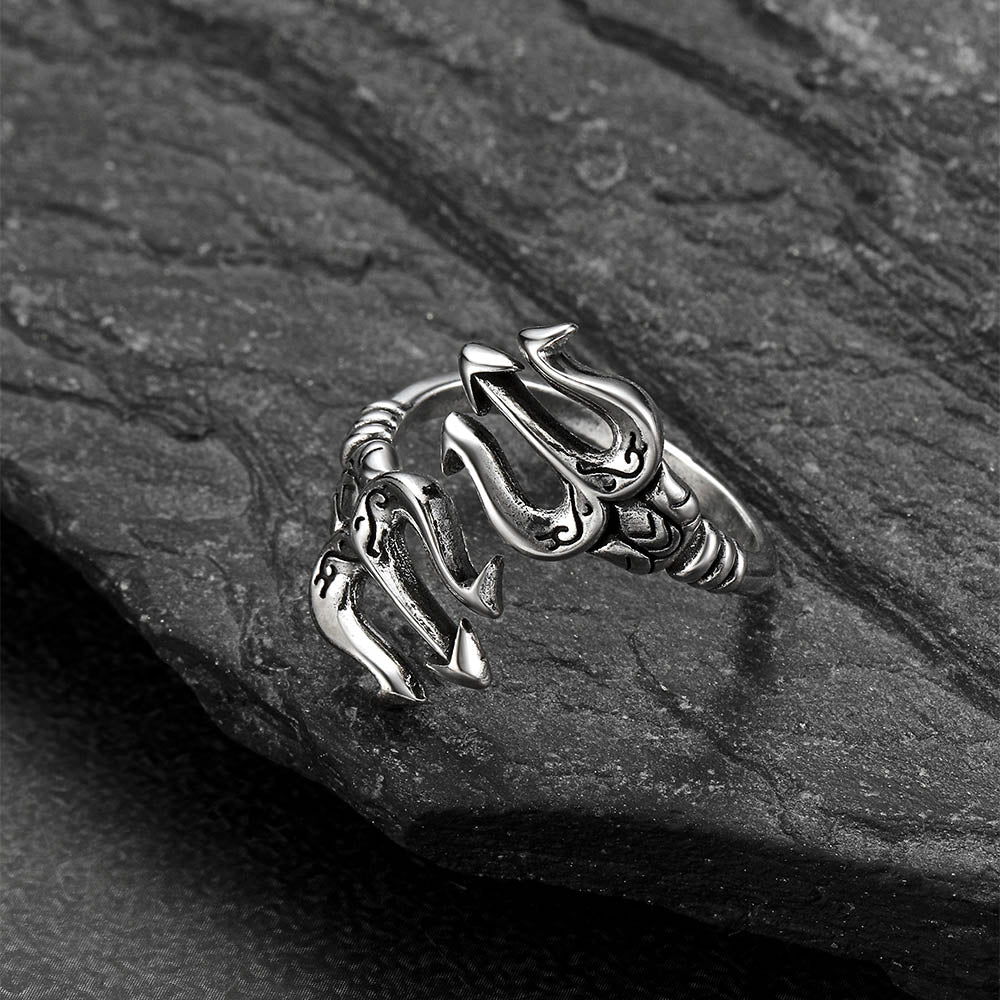 Adjustable open Poseidon Trident ring for men gothic style