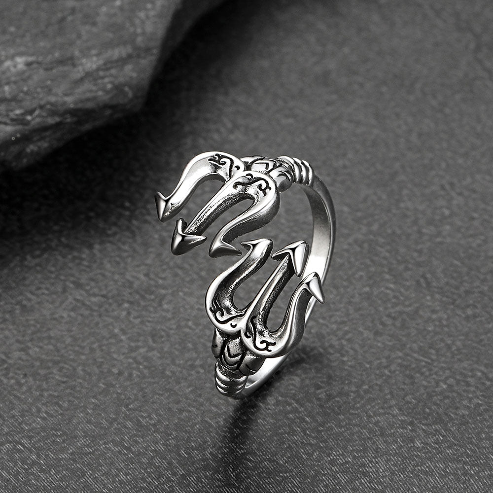 Stainless steel Greek god Poseidon Trident ring close-up