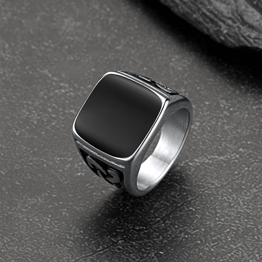 Stainless steel Viking black onyx square ring front view