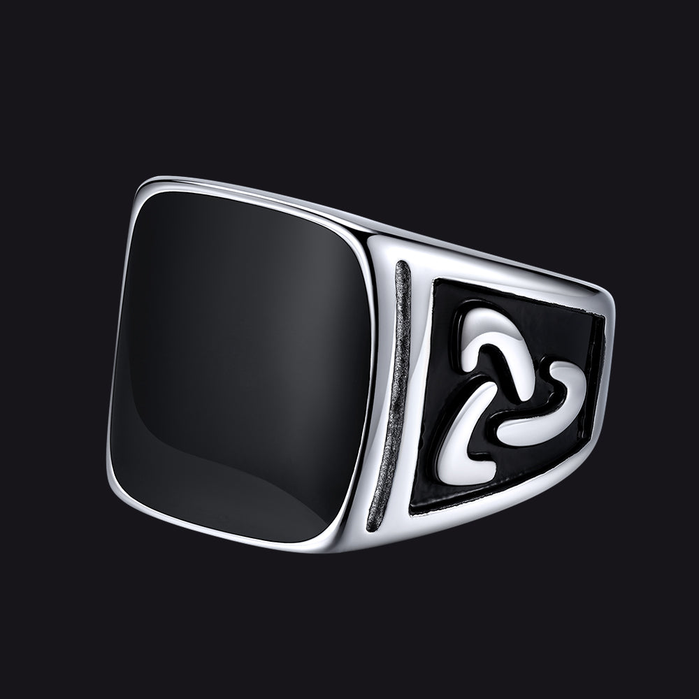 Viking black onyx Celtic knot square signet ring for men