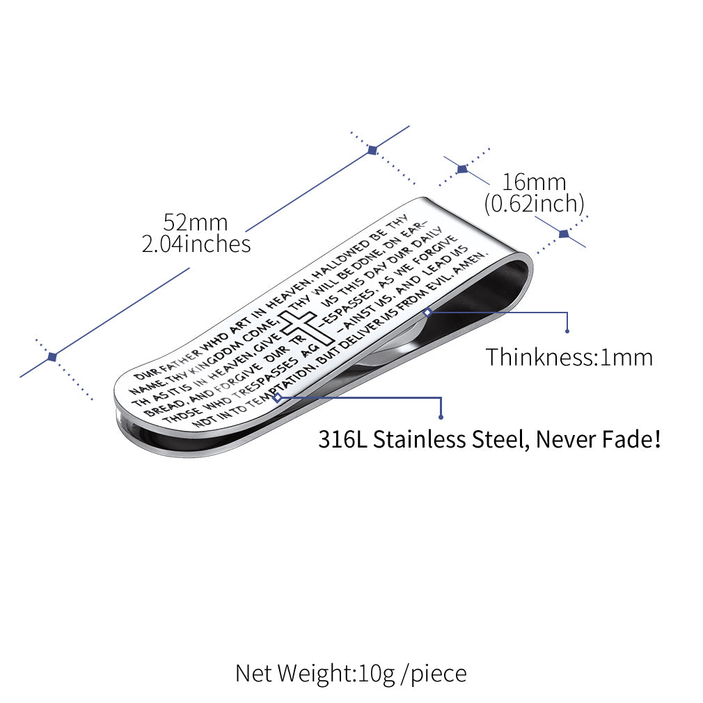 Stainless steel money clip with Lord's Prayer engraving, FaithHeart