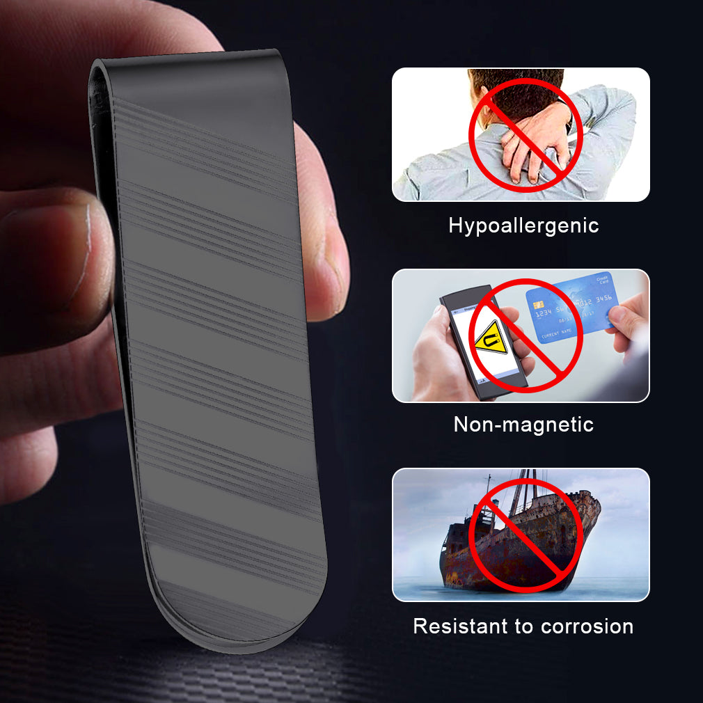 Black Minimalist Money Clip features: Hypoallergenic, Non-magnetic, and corrosion resistant.