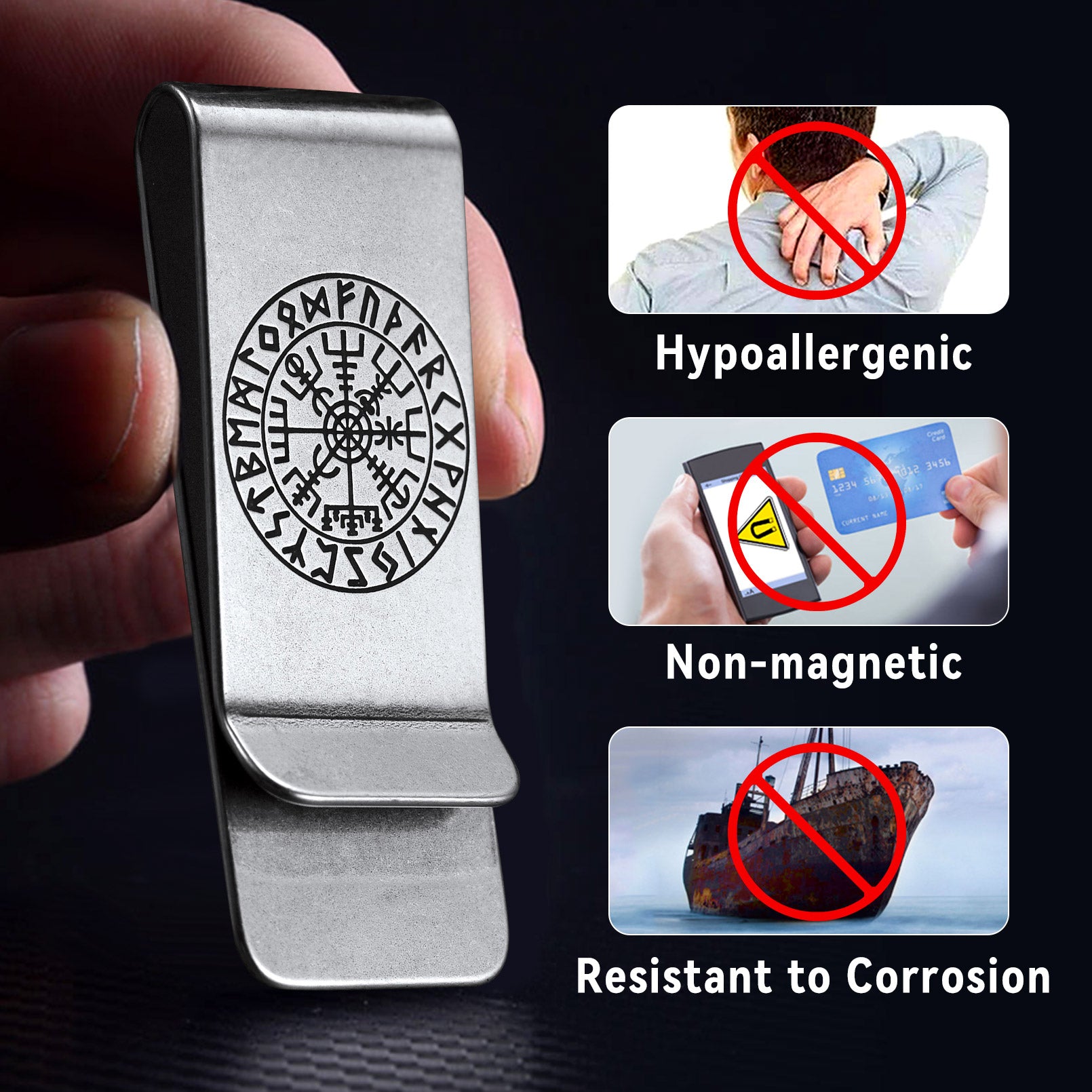 Stainless Steel Viking Rune Compass Money Clip - Hypoallergenic and Durable