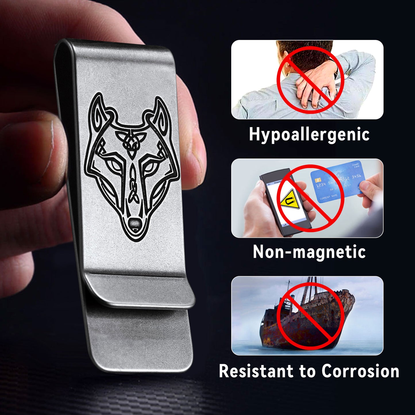 Viking Fenrir Wolf Money Clip, Hypoallergenic, Non-magnetic and Corrosion Resistant