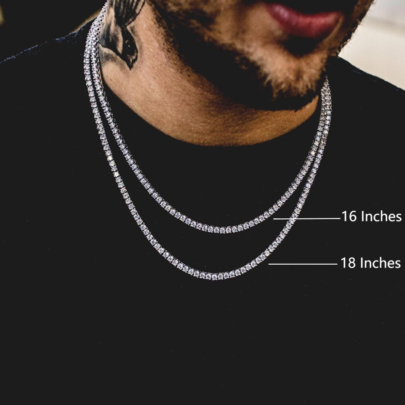 CZ Diamond Tennis Chain Necklace on a Man: 16 and 18-inch options, stainless steel