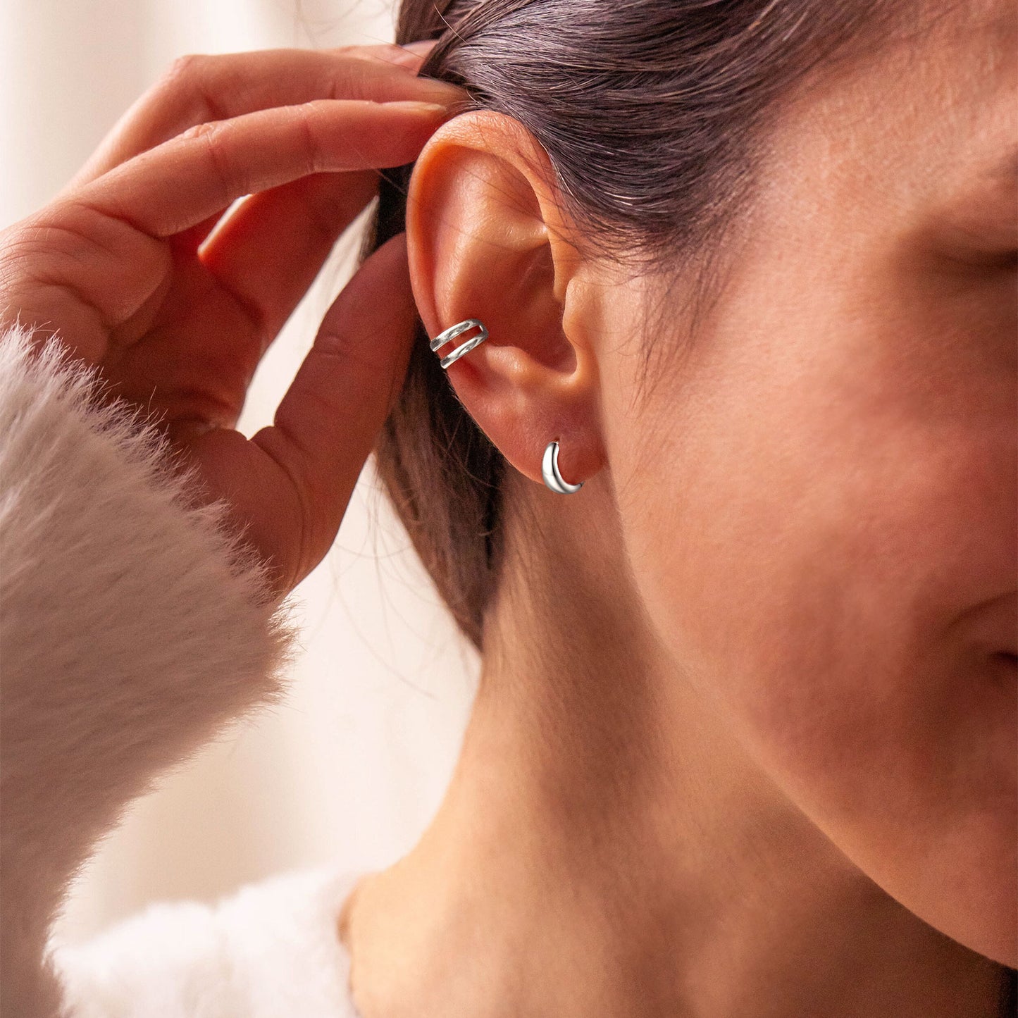 Simple Silver Thick Huggie Hoop Earrings for Men Women