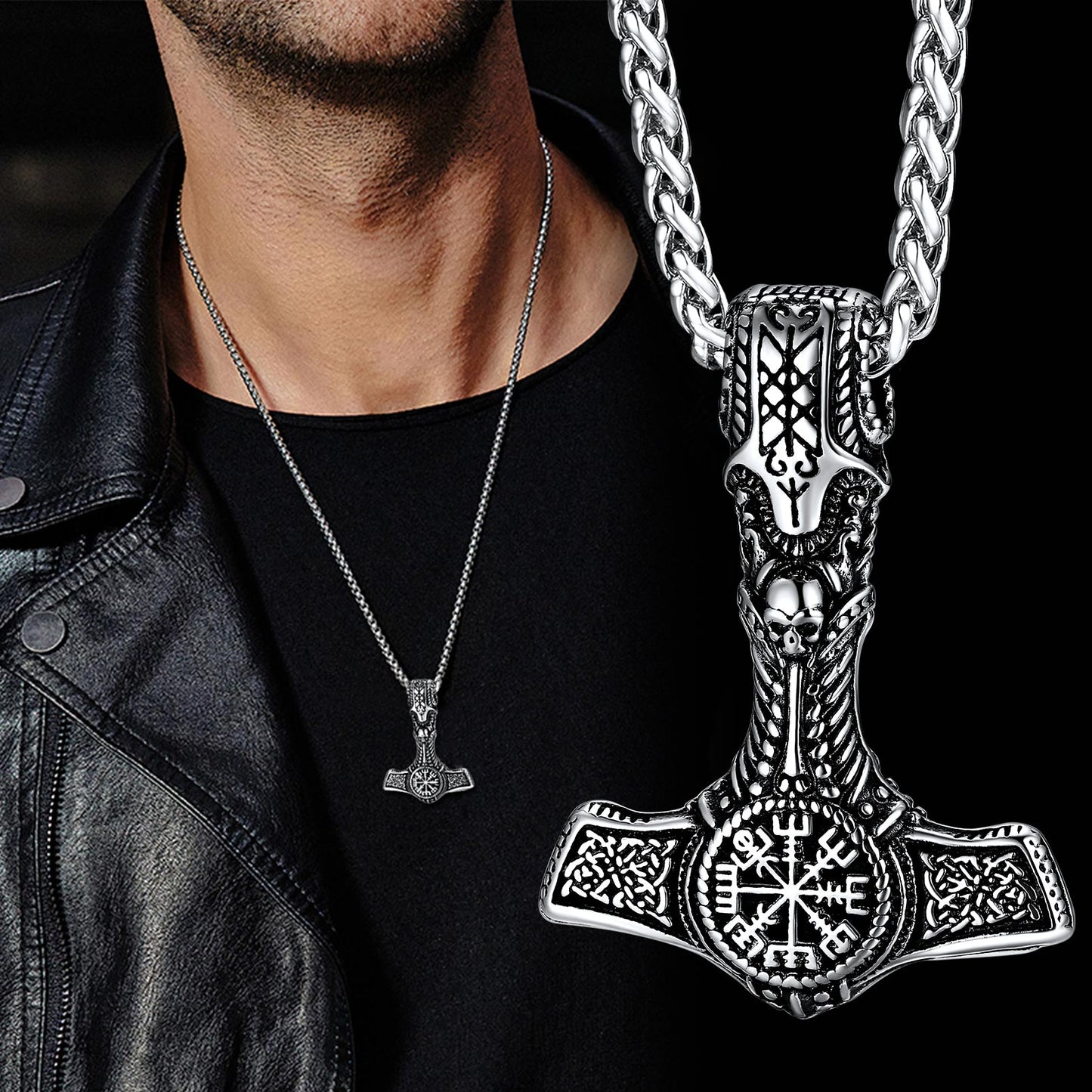 Viking Thor's Hammer Mjolnir Necklace with Viking Compass for Men