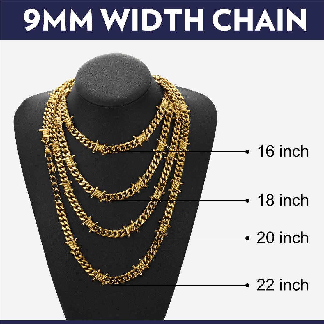 Gold Barb Wire Cuban Link Chain Necklace, 9MM Width, Multiple Lengths