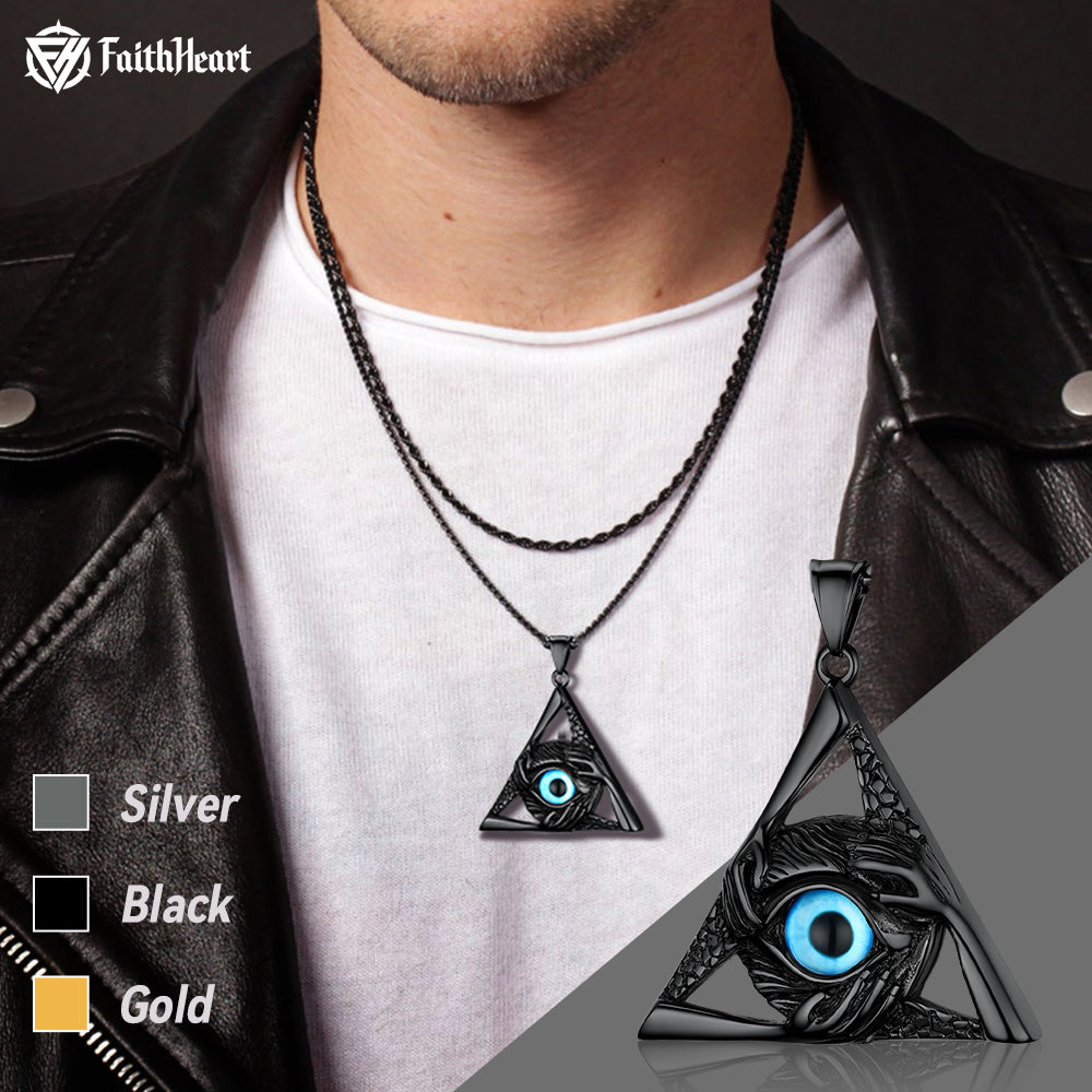 FaithHeart Vintage All-Seeing Eye Necklace Triangle Evil Eye Pendant For Men FaithHeart