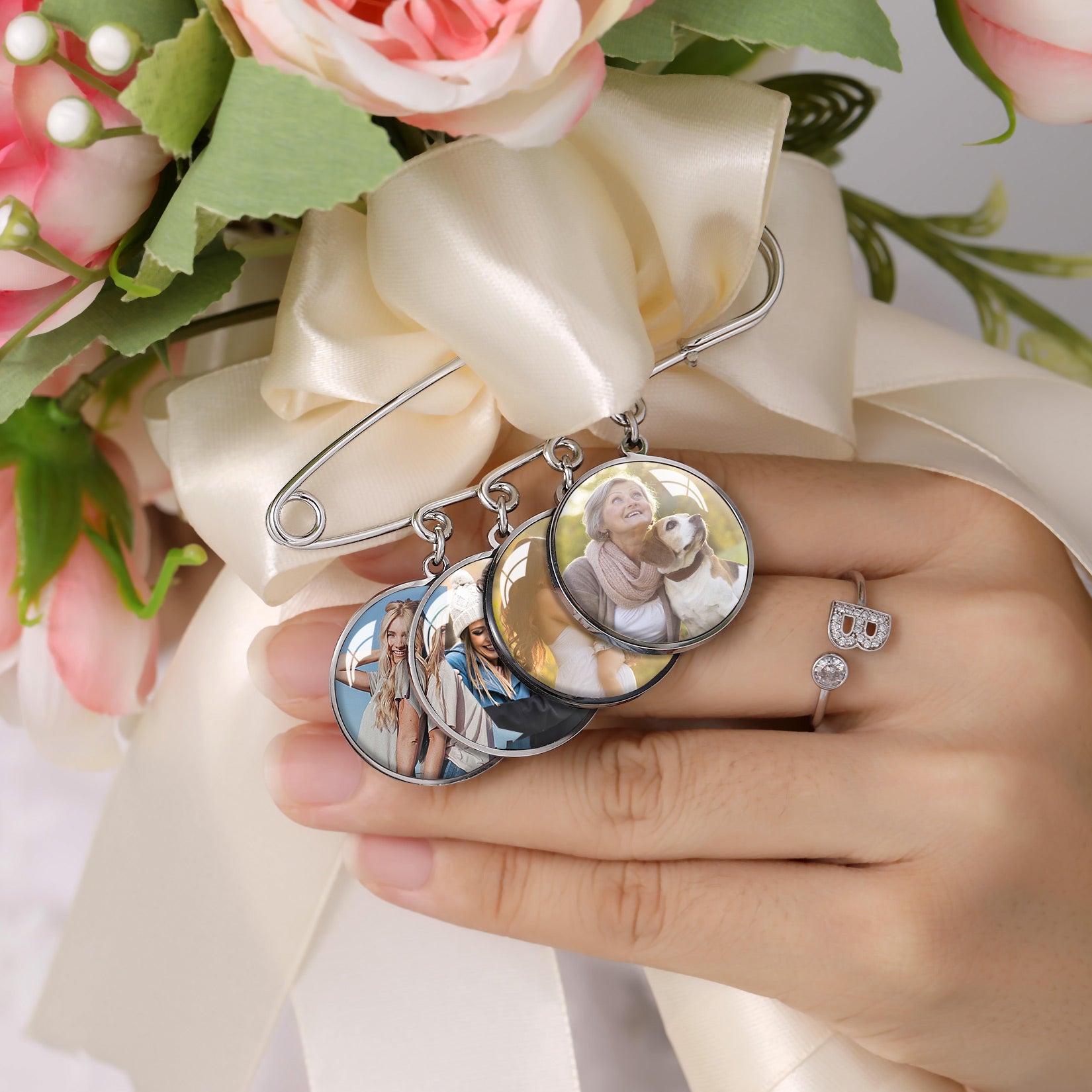 Custom photo brooch pin attached to a wedding bouquet. Memorial gift idea