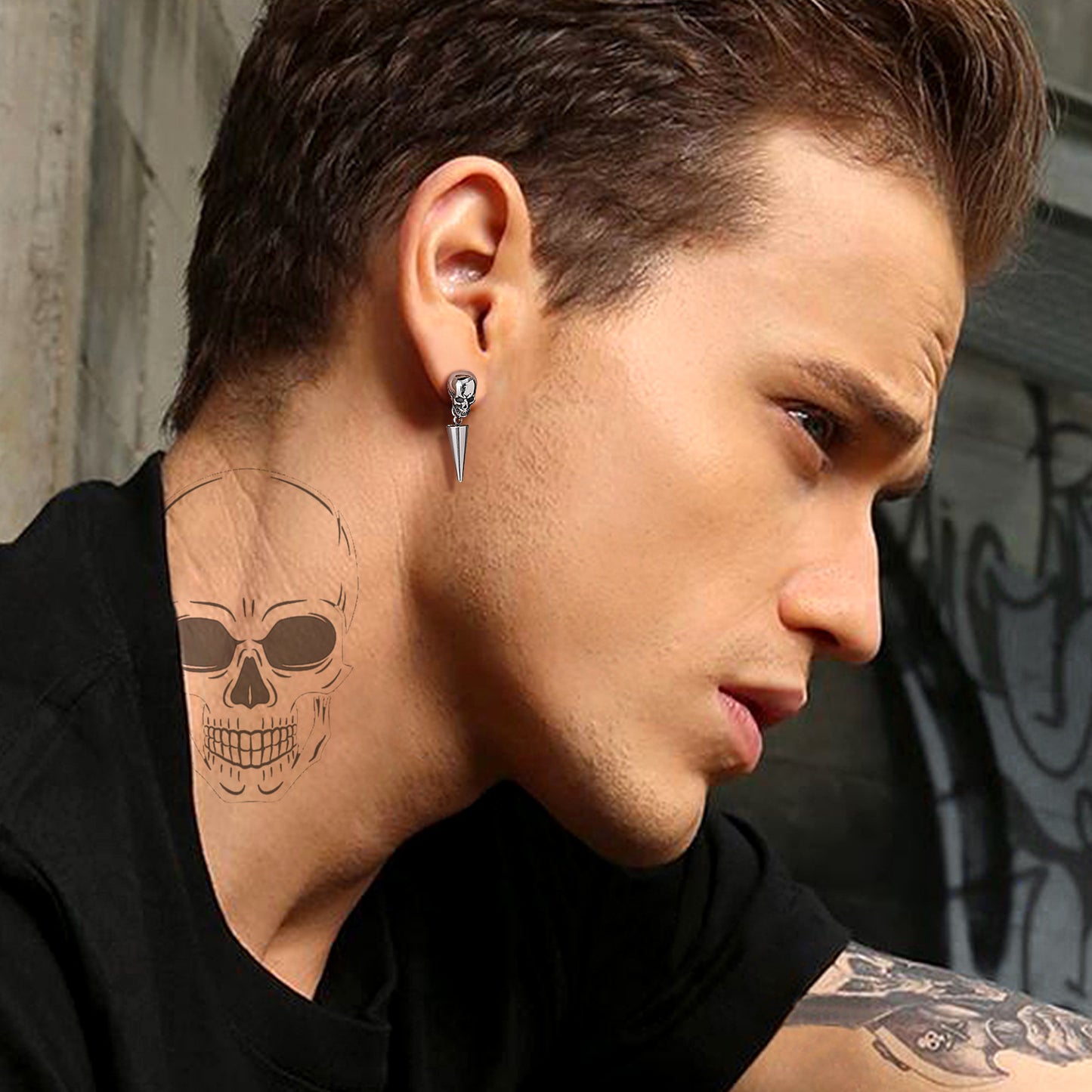 Man wearing Punk Spike Skull Earring, stainless steel