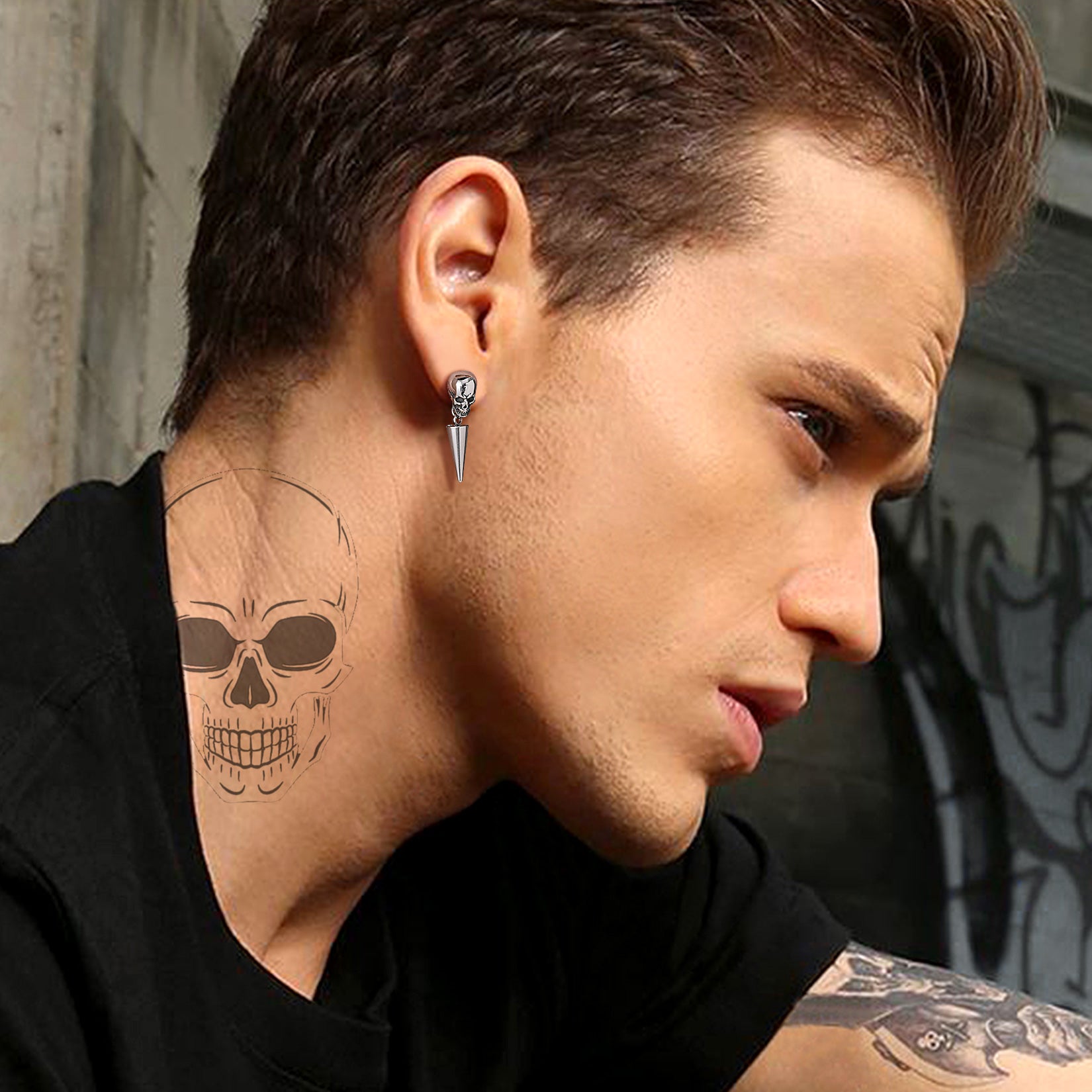 Man wearing Punk Spike Skull Earring, stainless steel