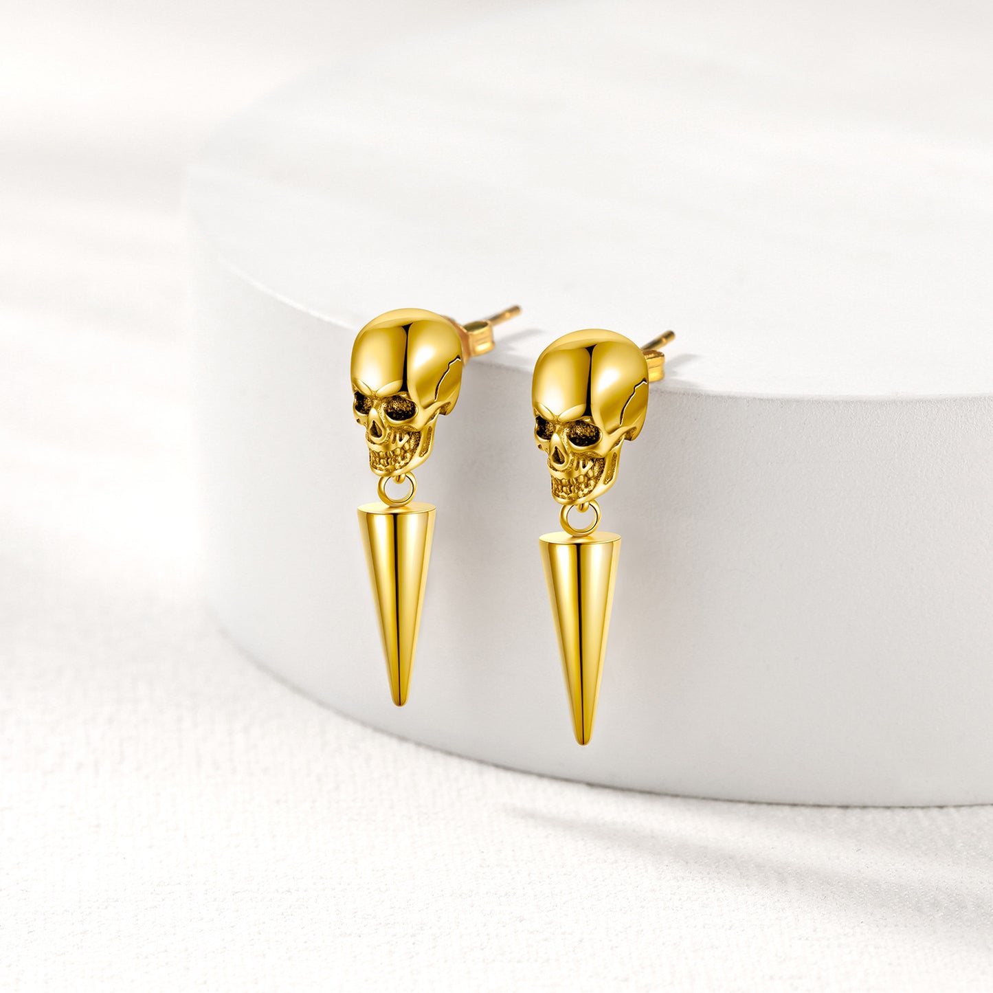 Gold Punk Skull Earrings with Spike Pendant for Men