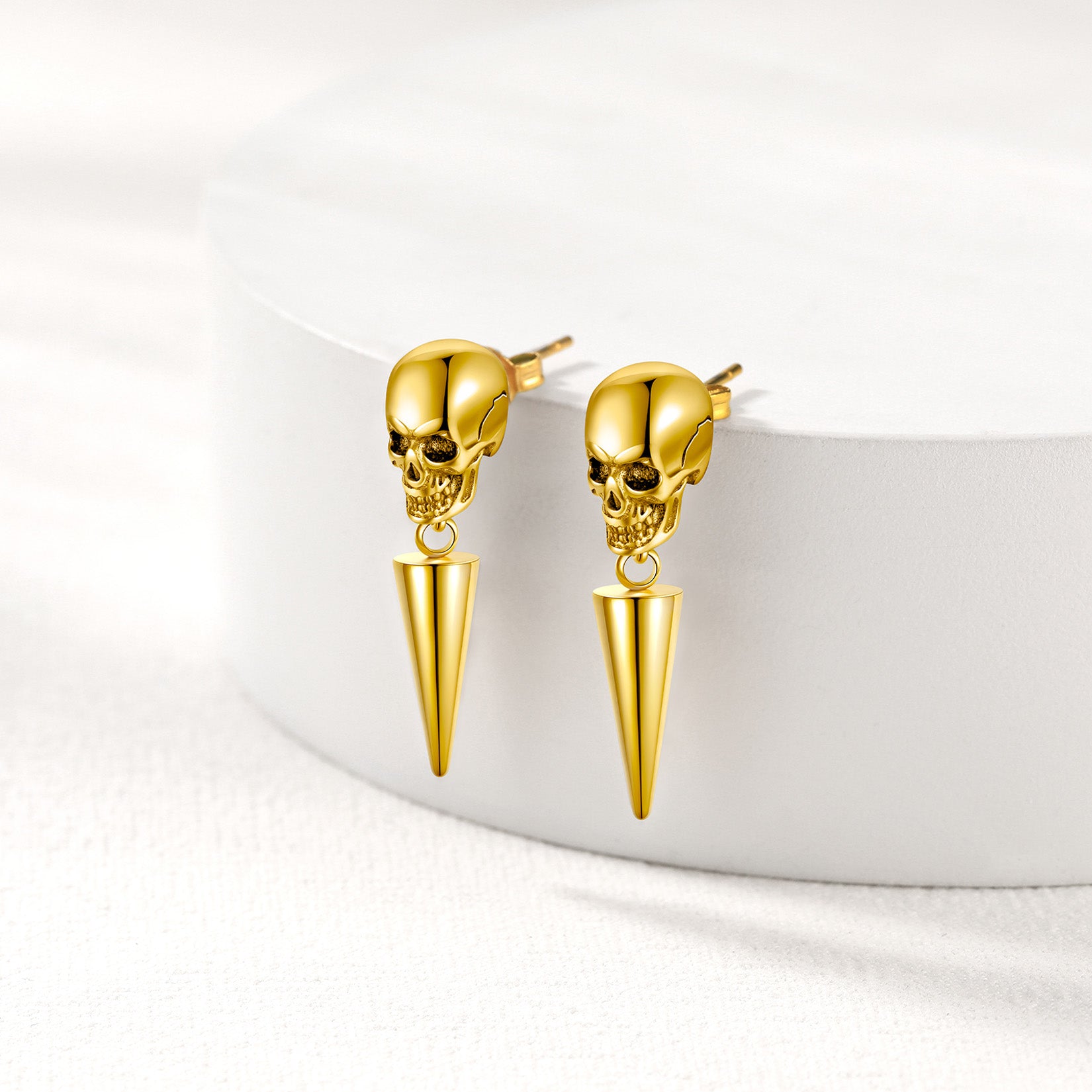 Gold Punk Skull Earrings with Spike Pendant for Men