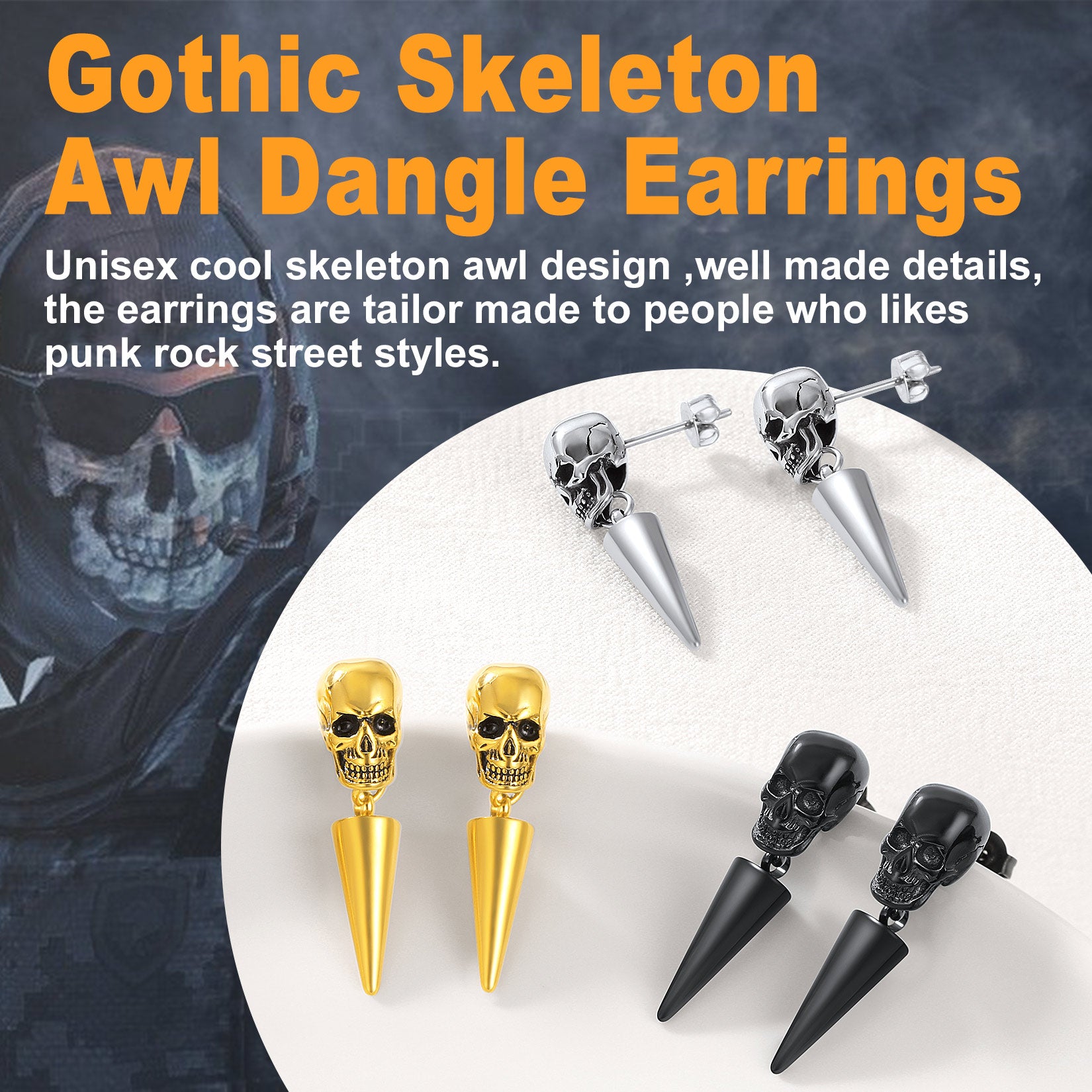 Gothic Skeleton Awl Dangle Earrings for Men