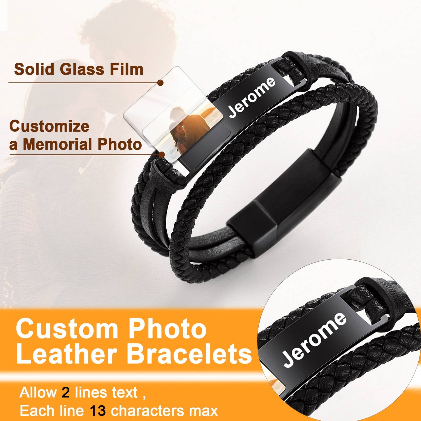 Custom photo leather bracelet with name and picture for men, Memorial gift