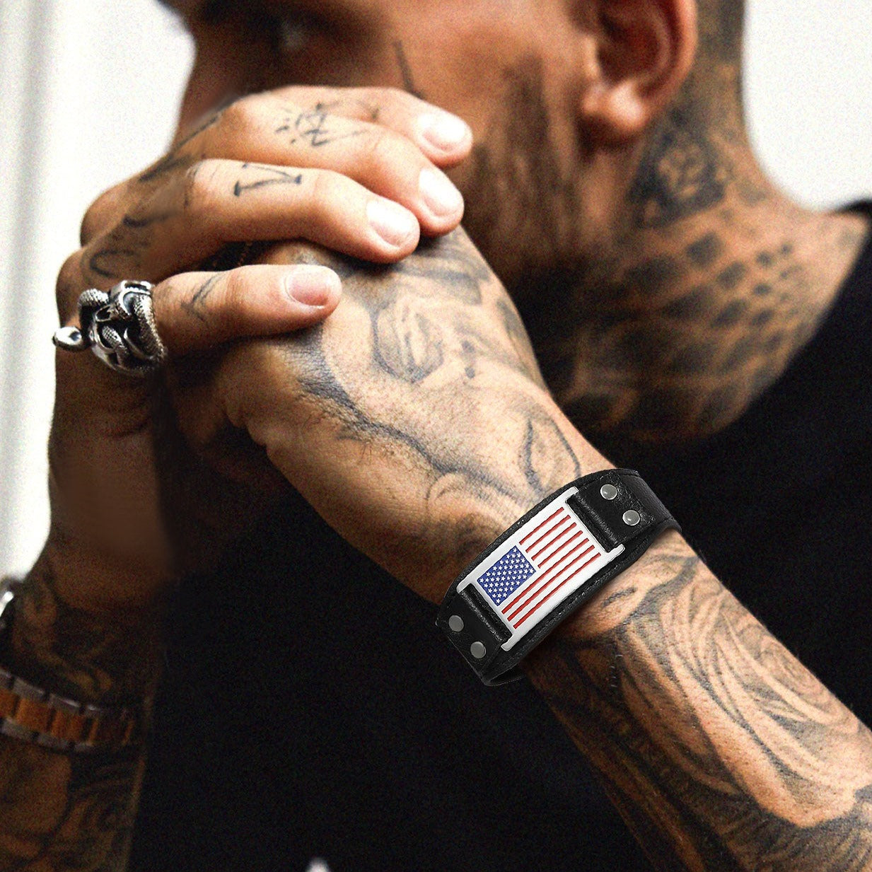 4th of July American Flag Bracelet Black Leather Wristband for Men FaithHeart