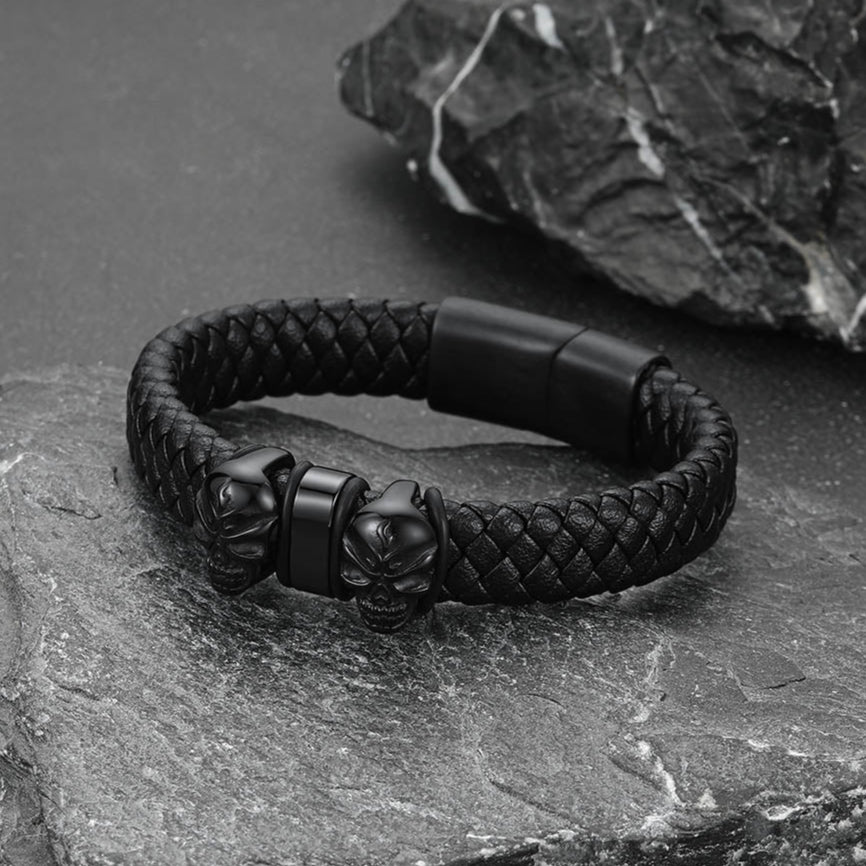 Personalised Black Name Beads Leather Bracelet with Skull for Men FaithHeart Jewelry