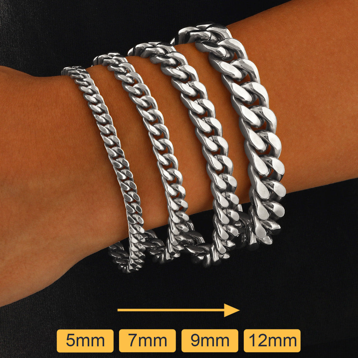 Silver chain bracelets on a wrist with size measurements displayed.