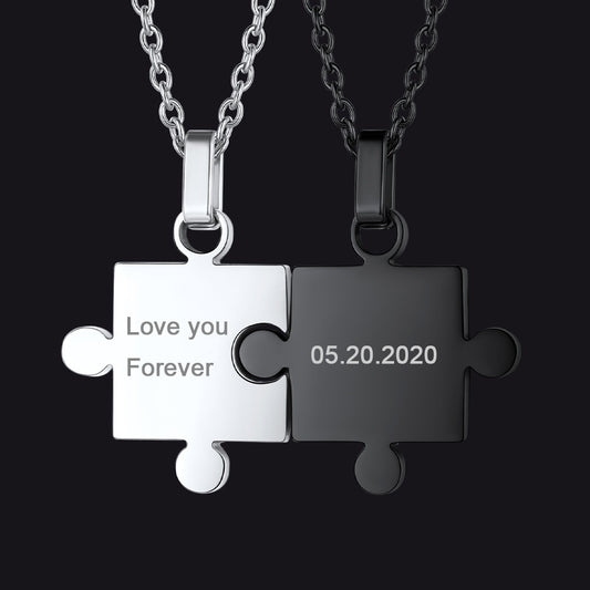 Puzzle matching necklaces for couples, personalized with names and datesimg