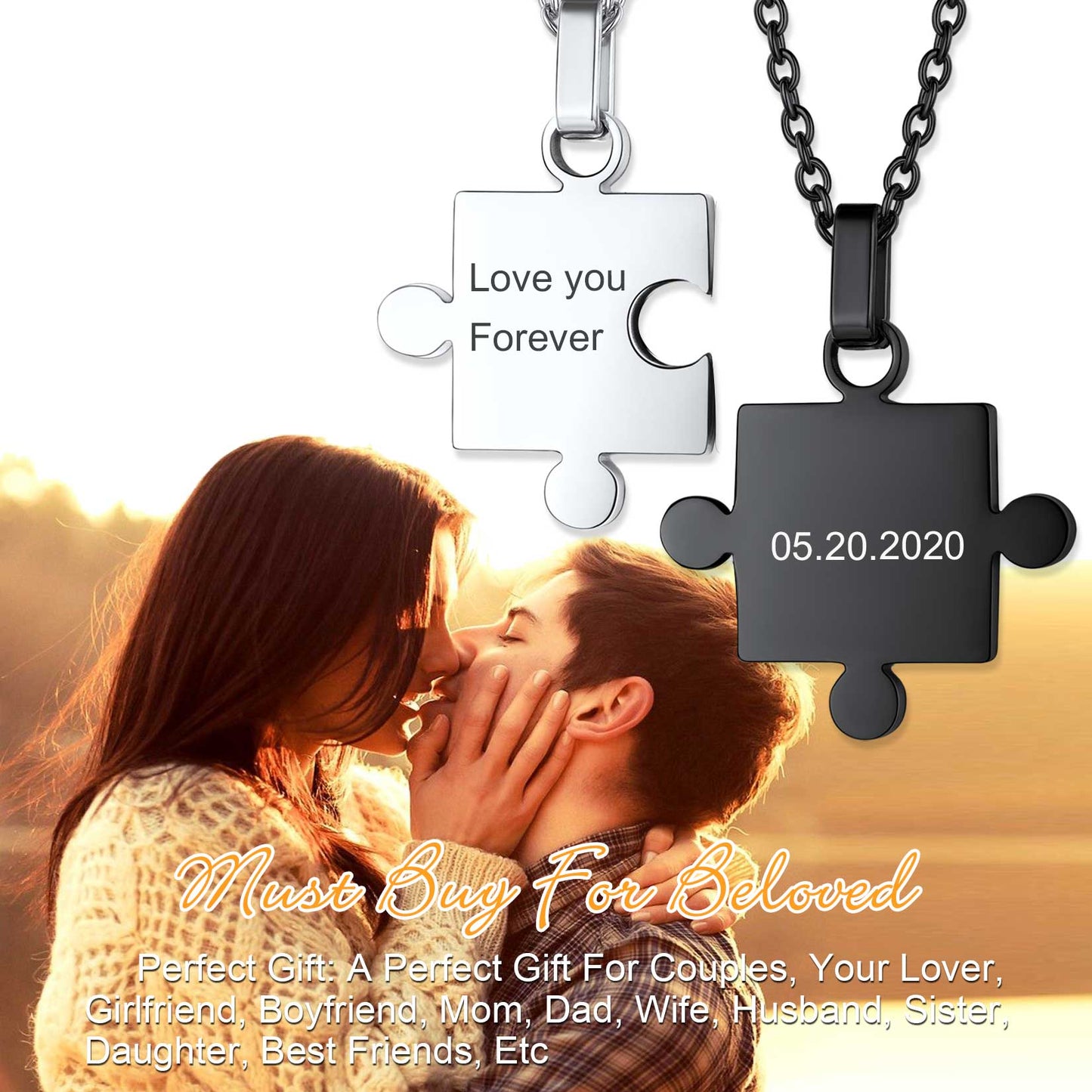 Puzzle necklaces with 'Love you Forever' and date, best friend gifts