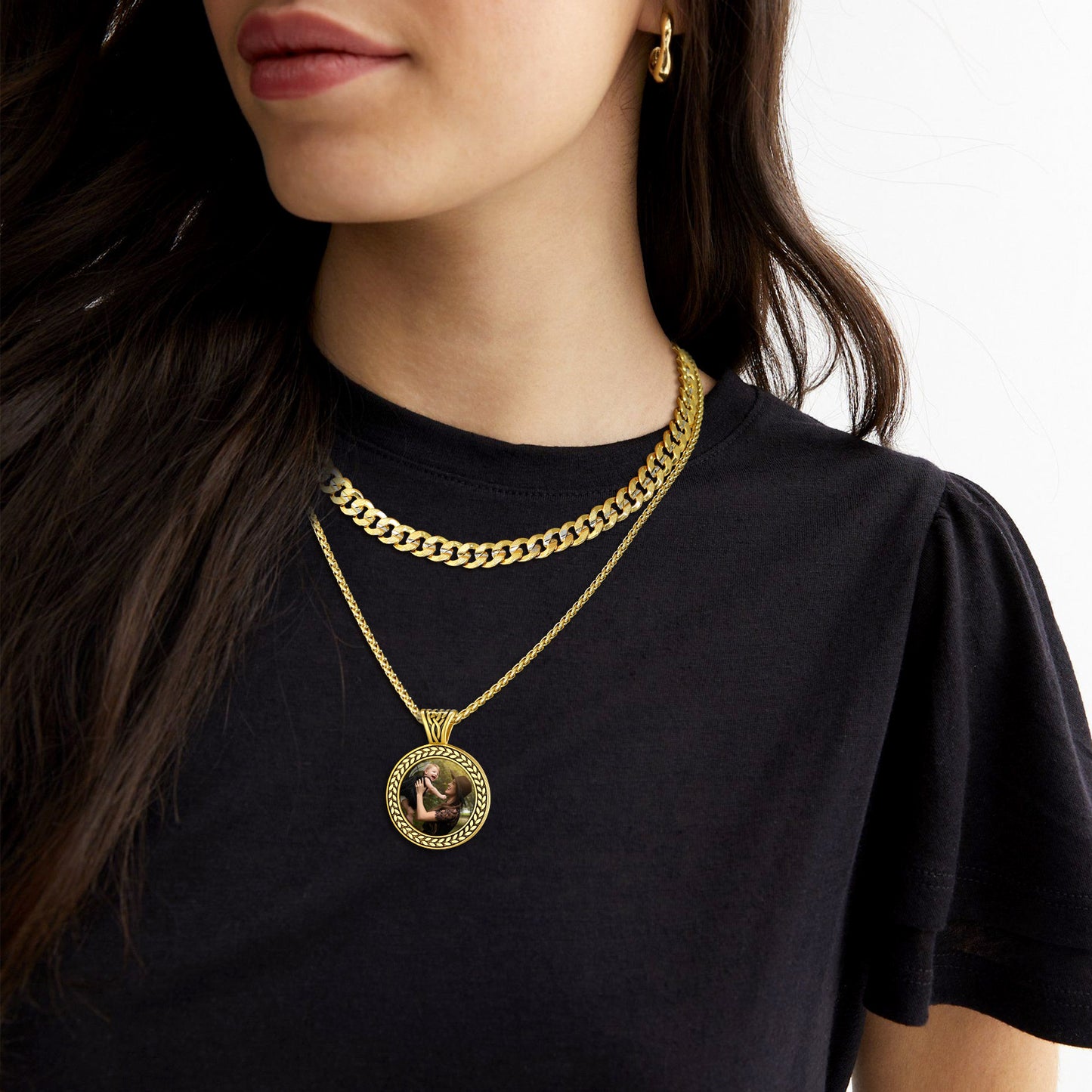Woman wearing gold personalized photo pendant necklace