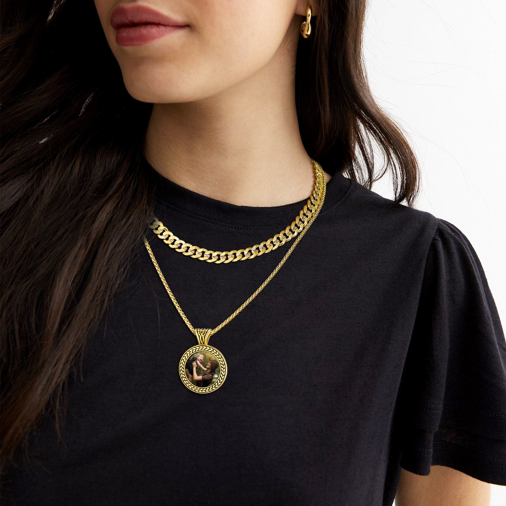 Woman wearing gold personalized photo pendant necklace