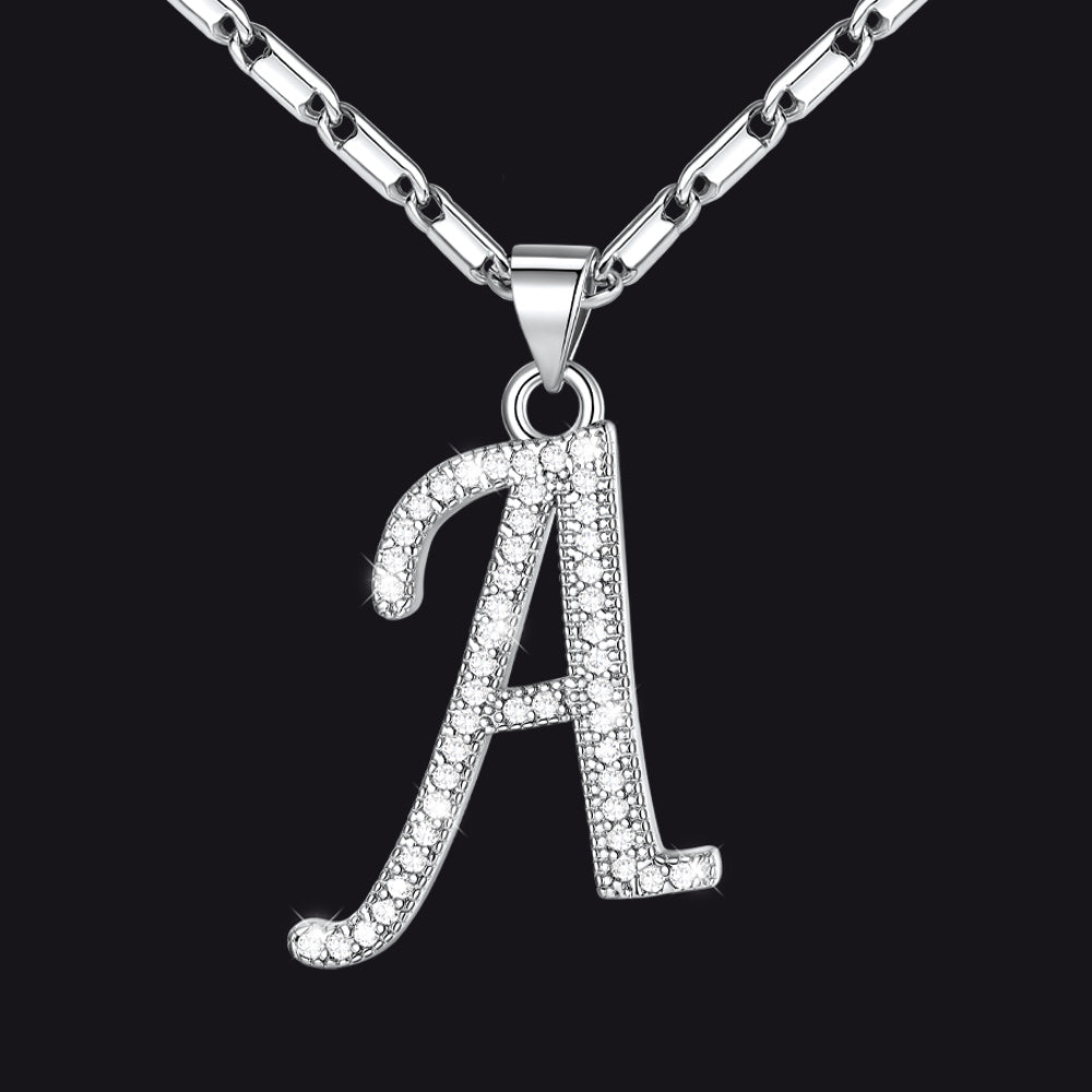Silver letter A initial necklace with CZ crystals for women