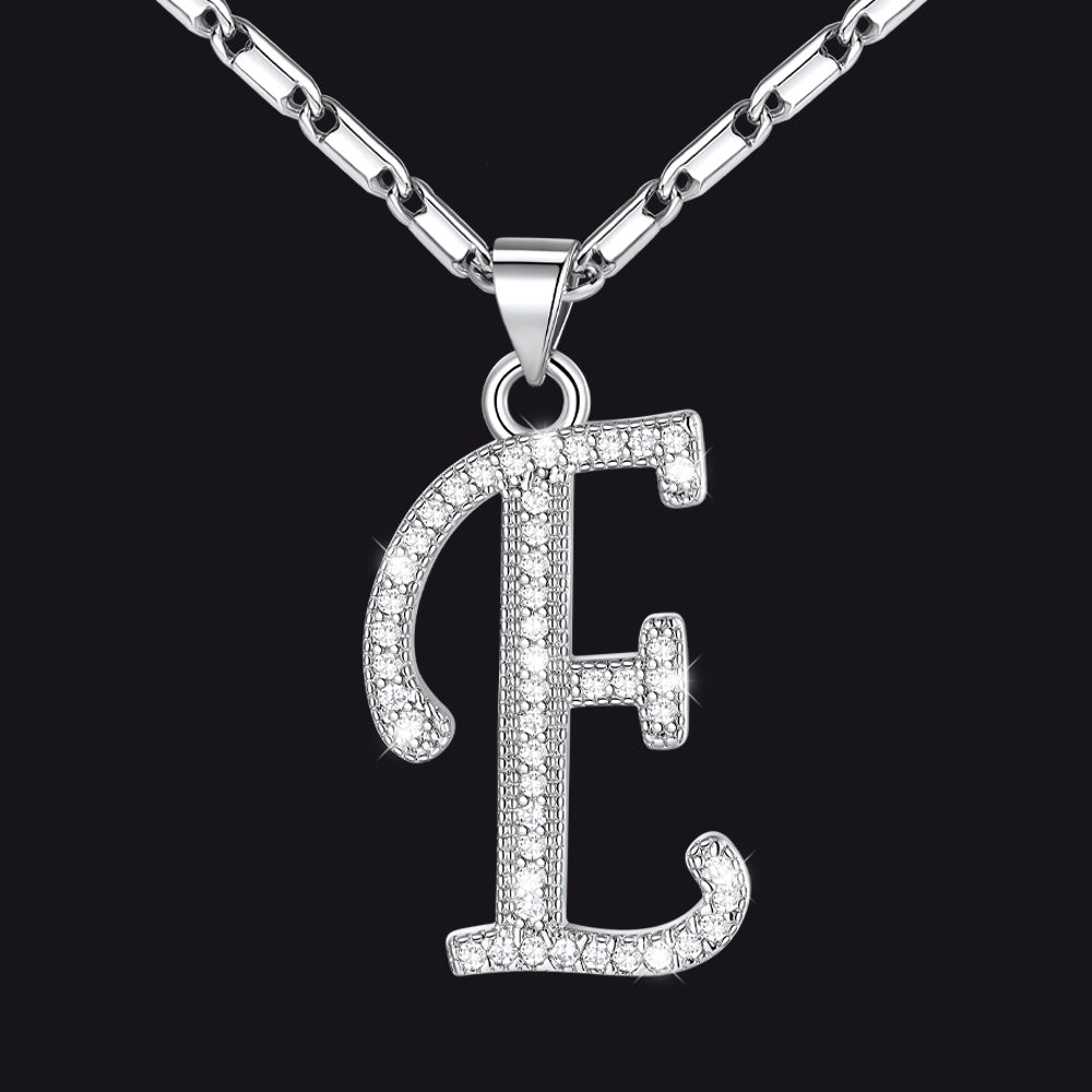 Silver letter E initial necklace with CZ crystals for women
