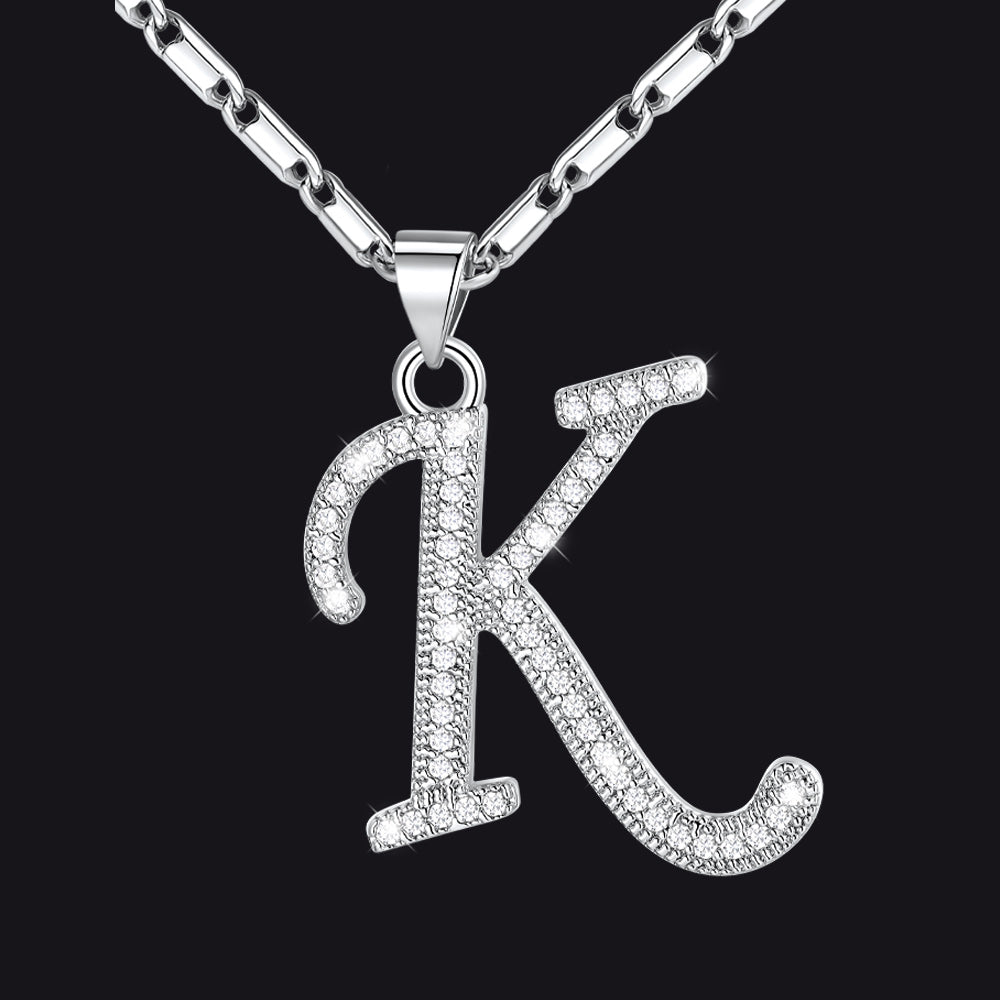 Silver letter K initial necklace with CZ crystals for women