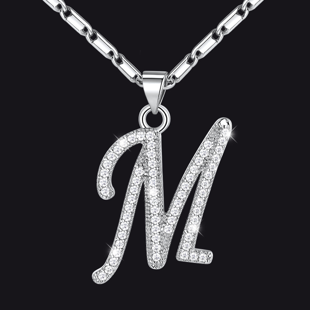 Silver letter M initial necklace with CZ crystals for women