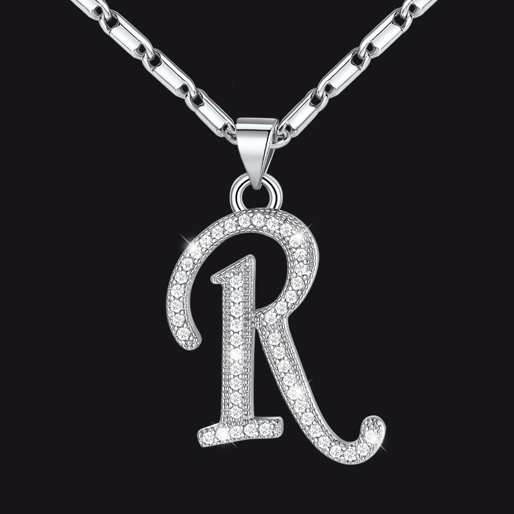 Silver letter R initial necklace with CZ crystals for women