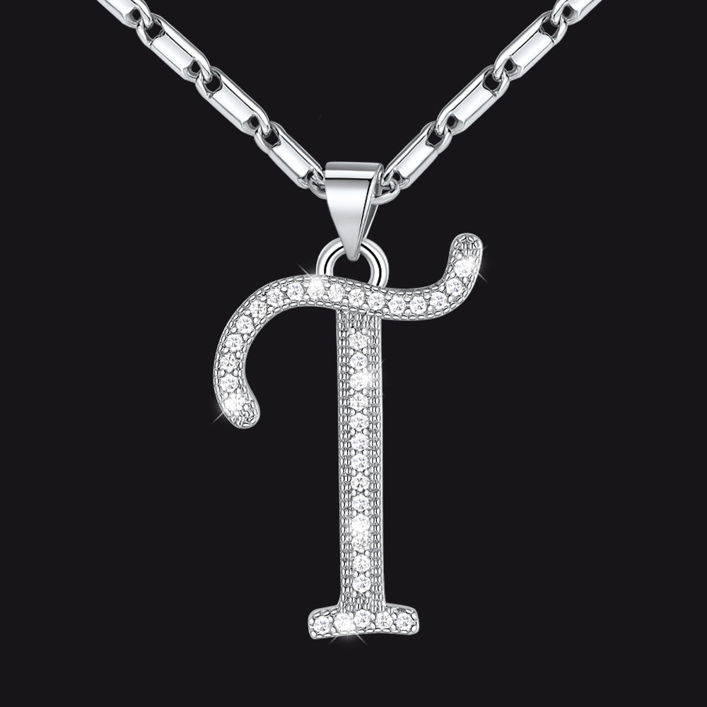 Silver letter T initial necklace with CZ crystals for women