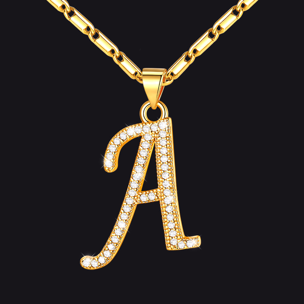 Gold letter A initial necklace with CZ crystals for women