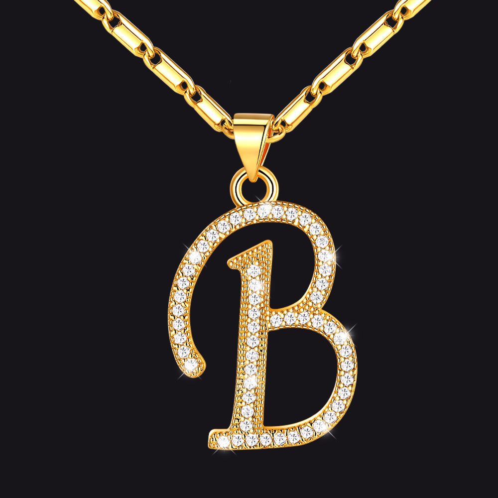 Gold letter B initial necklace with CZ crystals for women