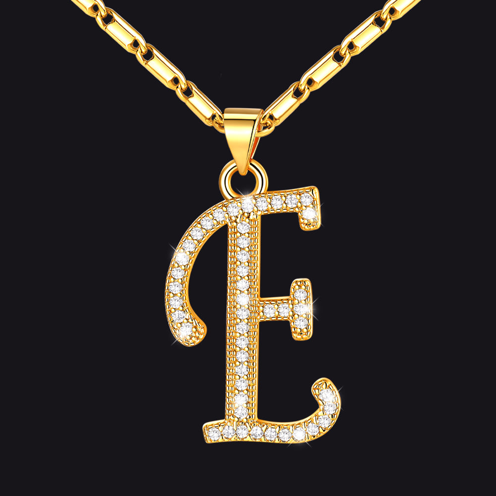 Gold letter E initial necklace with CZ crystals for women