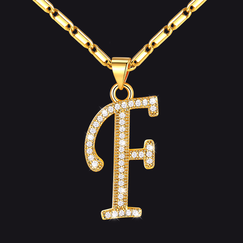Gold letter F initial necklace with CZ crystals for women