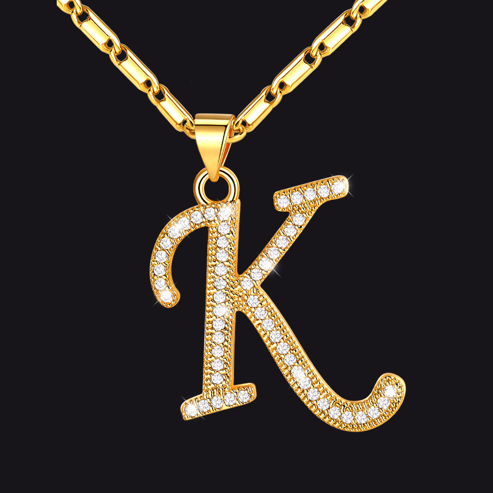 Gold letter K initial necklace with CZ crystals for women
