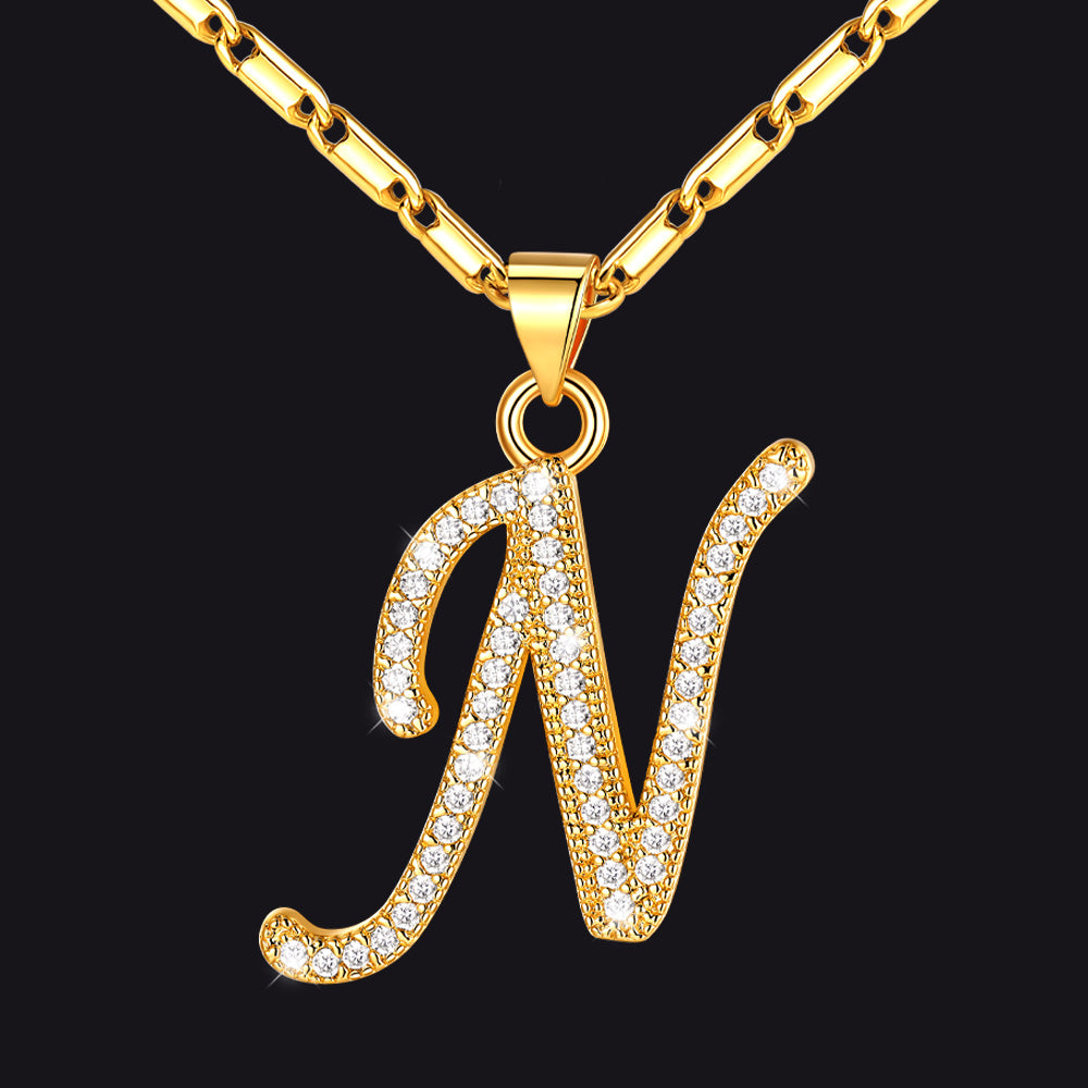 Gold letter N initial necklace with CZ crystals for women